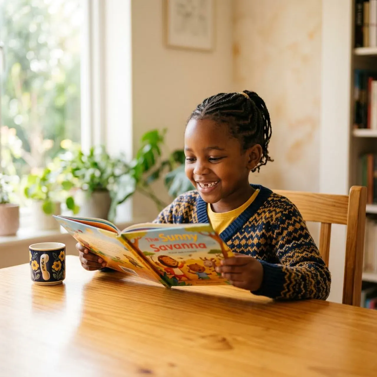 Young South African child confidently reading a book, ready for Grade 1